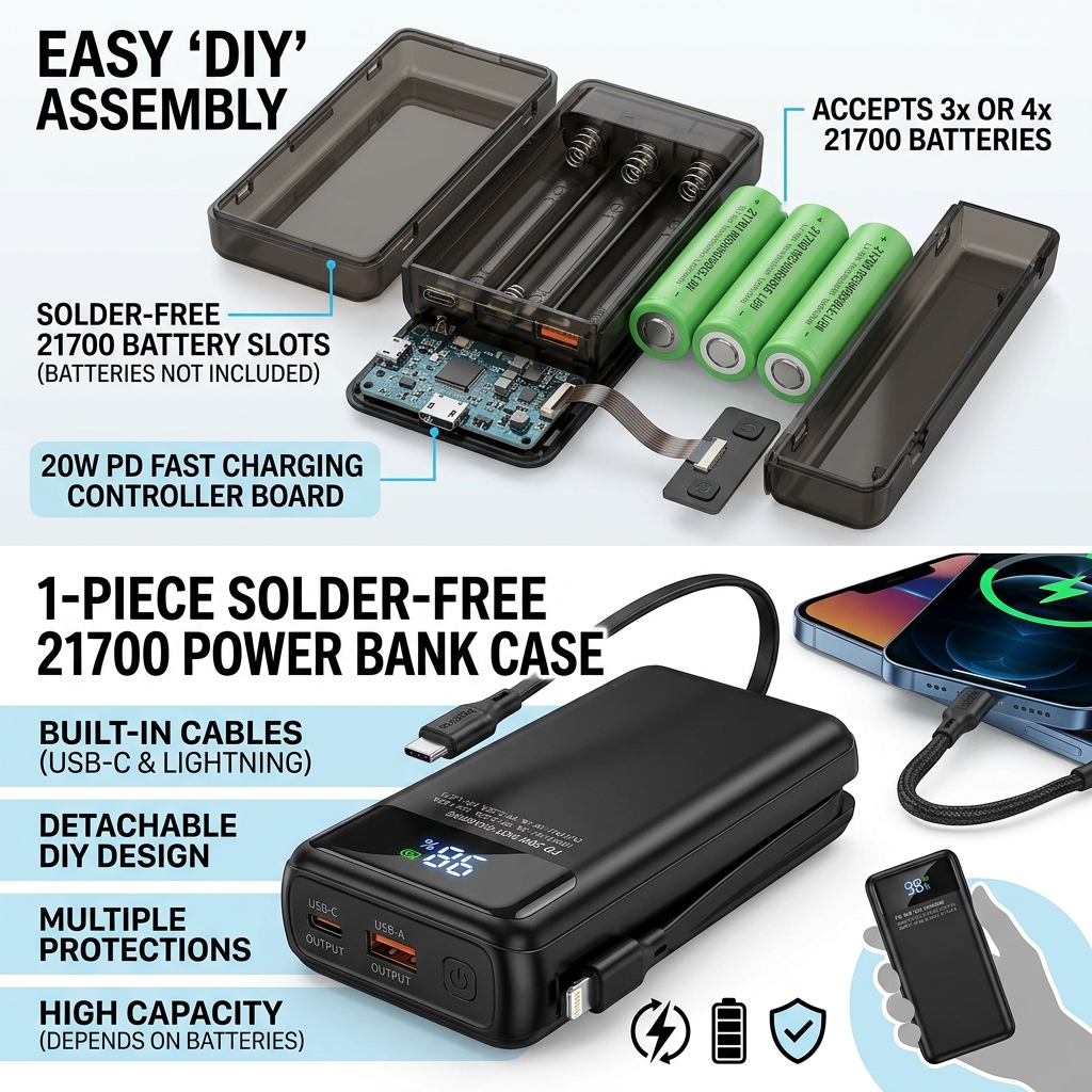 1-Piece Solder-Free 21700 Power Bank Case PD 20W Fast Charging Built-in Cable, Detachable Power Bank DIY Battery Case