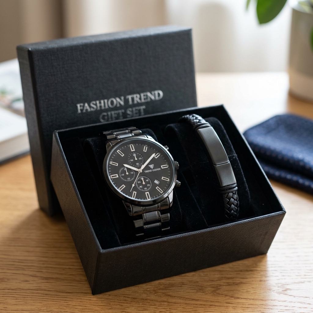 2PCS Men's Quartz Watch Set Fashion Trend Digital Scale Dial Quartz Watch Bracelet Jewelry Set Suitable for Festival Gifts