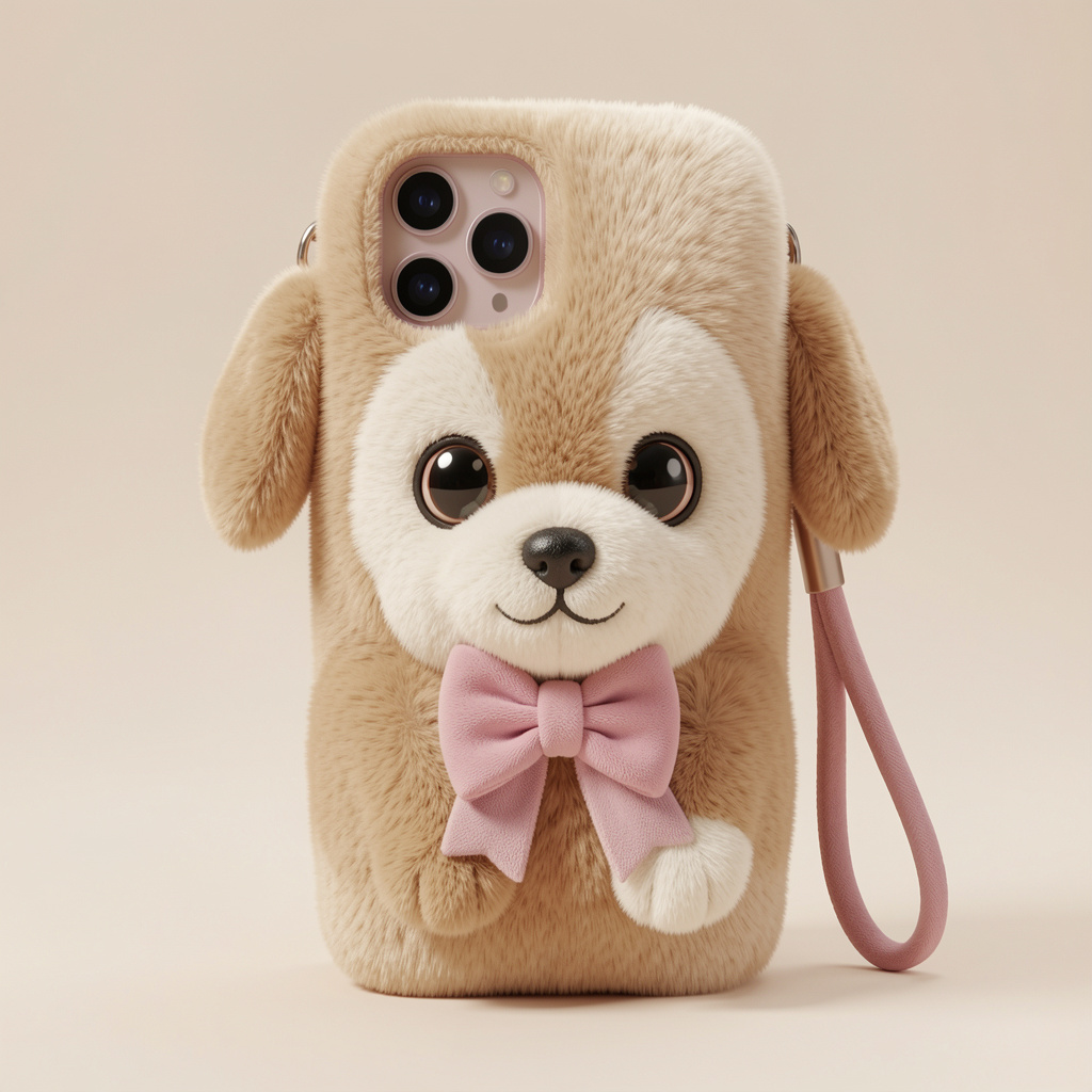3D Cartoon Bowknot Puppy Warm Fluffy Plush Phone Case For iPhone 17 Air 16 15 14 13 12 11 Pro Max With Lanyard Shockproof Cover
