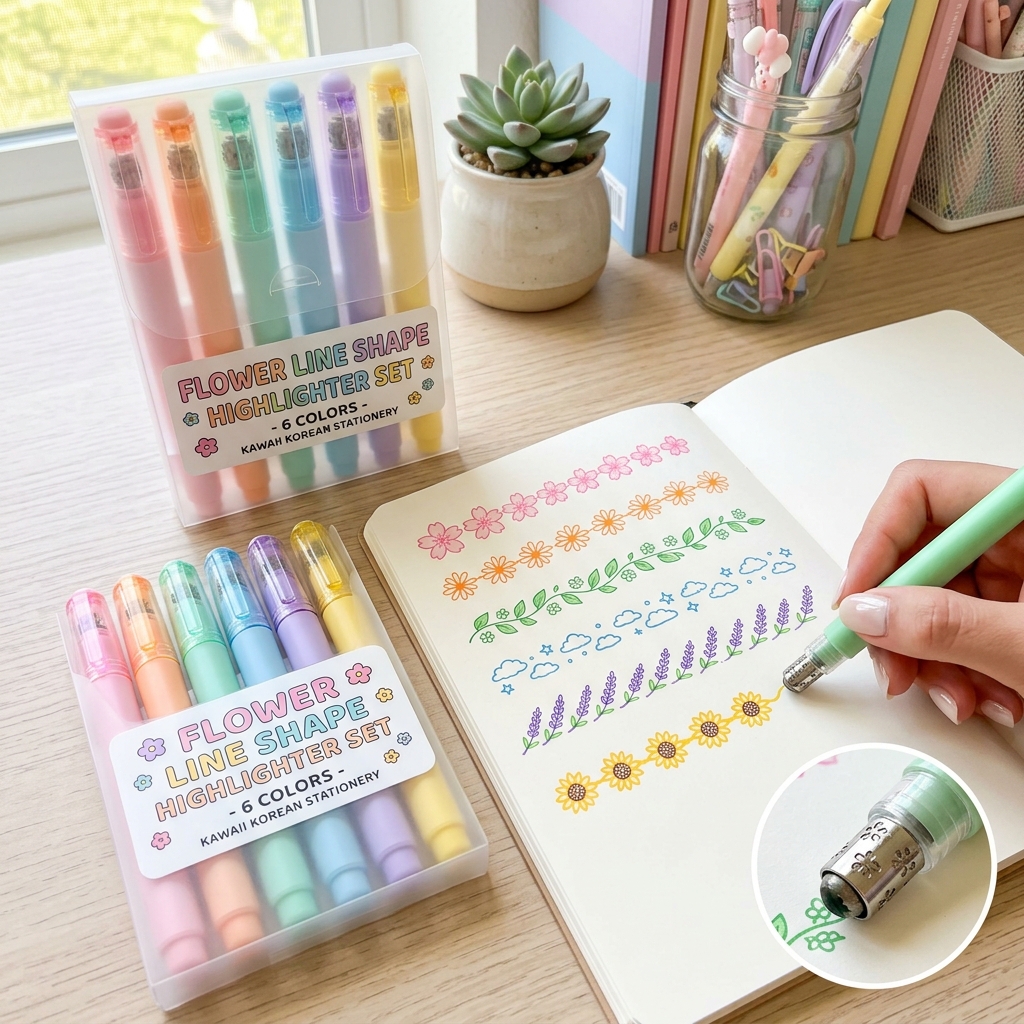 6PcsSet Flower Line Shape Highlighter Pen Roller Tip Curve Liner Marker Kawaii Korean Stationery School Office Supplies Gifts