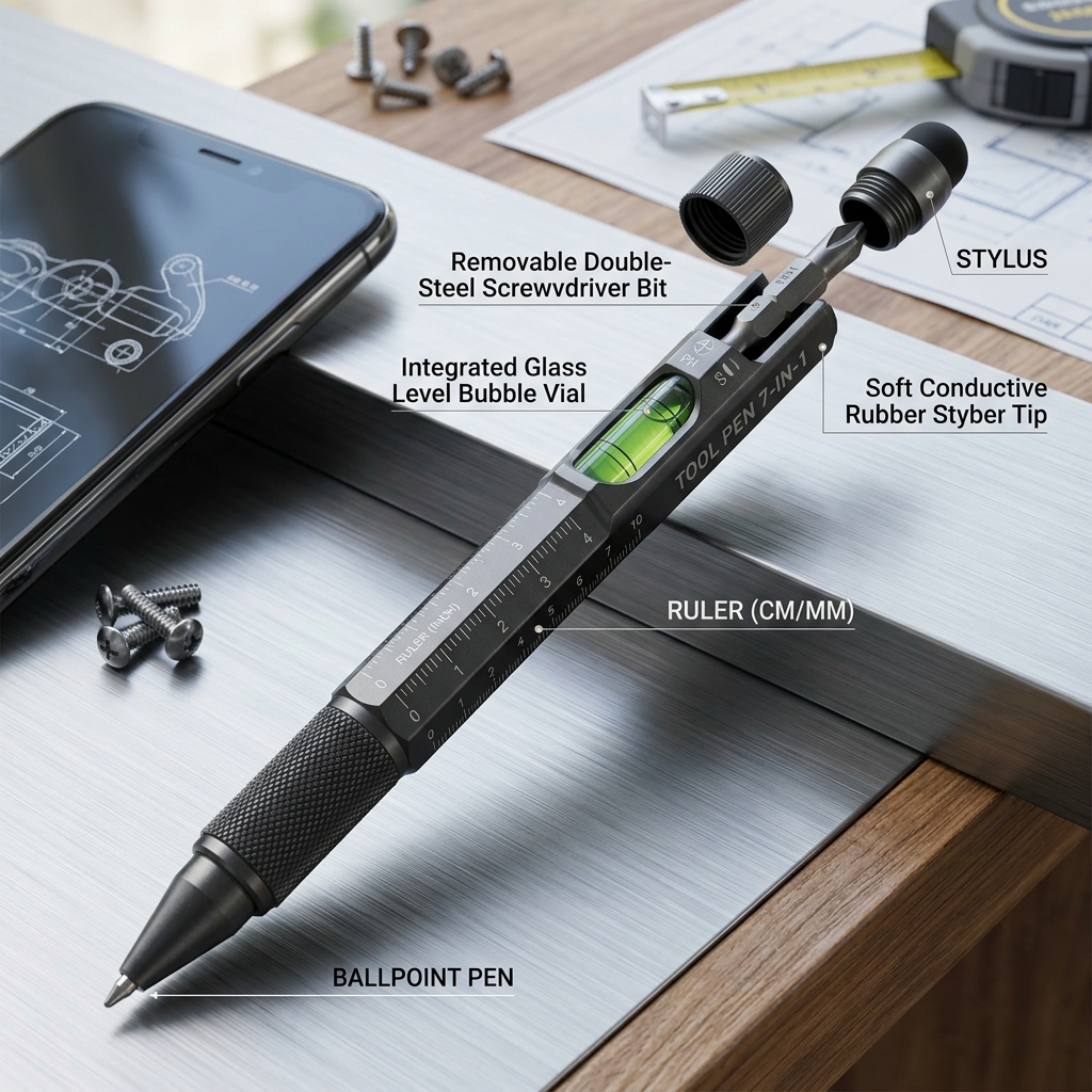 7 in 1 Multifunctional Pen Touch Screen Stylus Capacitive Pen with Screwdriver Ruler Levelgauge Refillable Ballpoint Pencil Tool