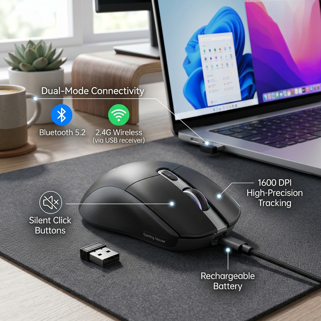 Bluetooth 5.2 Mouse 2.4G Wireless Mouse Dual-Mode Silent Mouse Rechargeable Gaming Mouse 1600DPI For Laptop Computer Win Mac OS