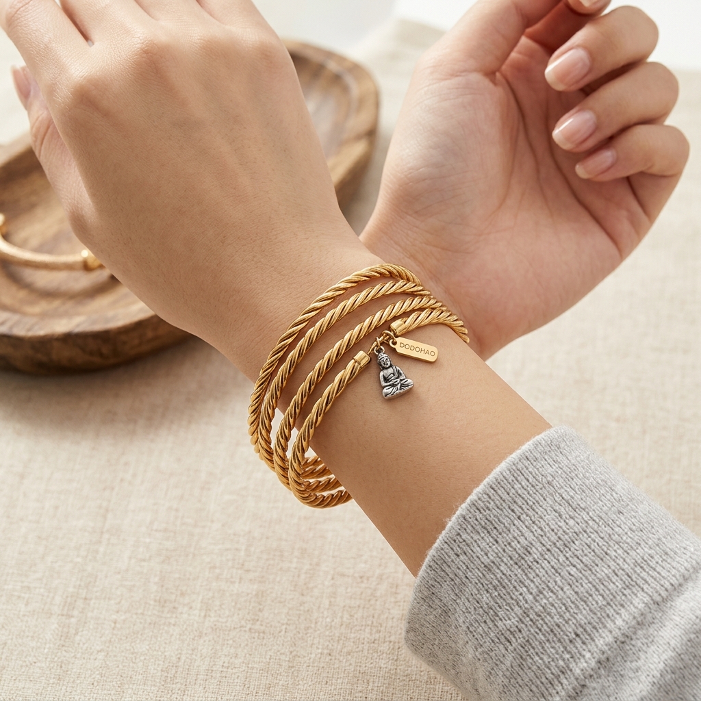 DODOHAO 3pcs Twist 18K Gold Plated Stainless Steel Bracelets for Women Chic Classic Tibetan Buddha Bracelet Stacked Men's Bangle