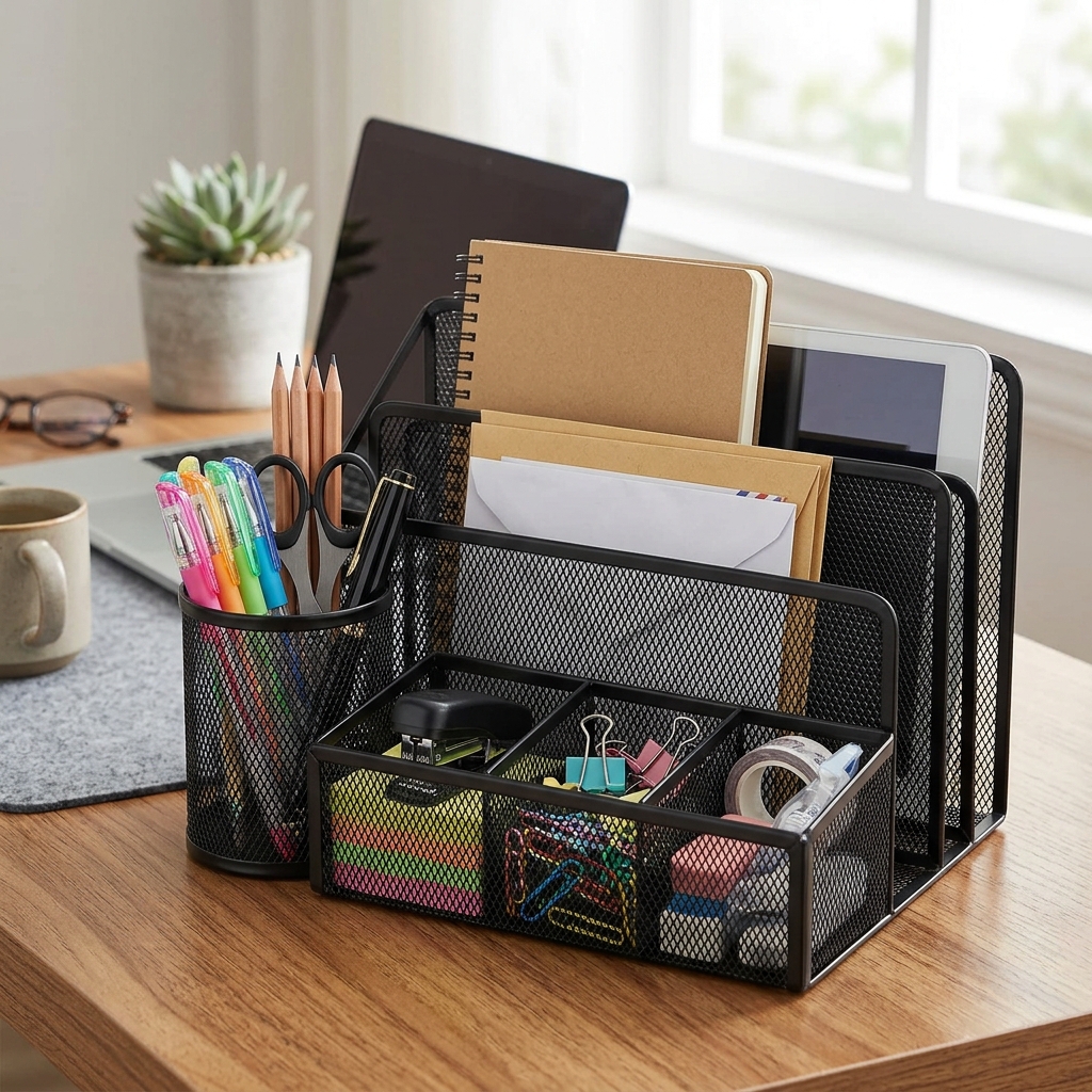Desk Stationery Organizer Creative Metal Pen Holder Pencil File Storage Rack 3 Grid Storage Box Office Desktop Accessories