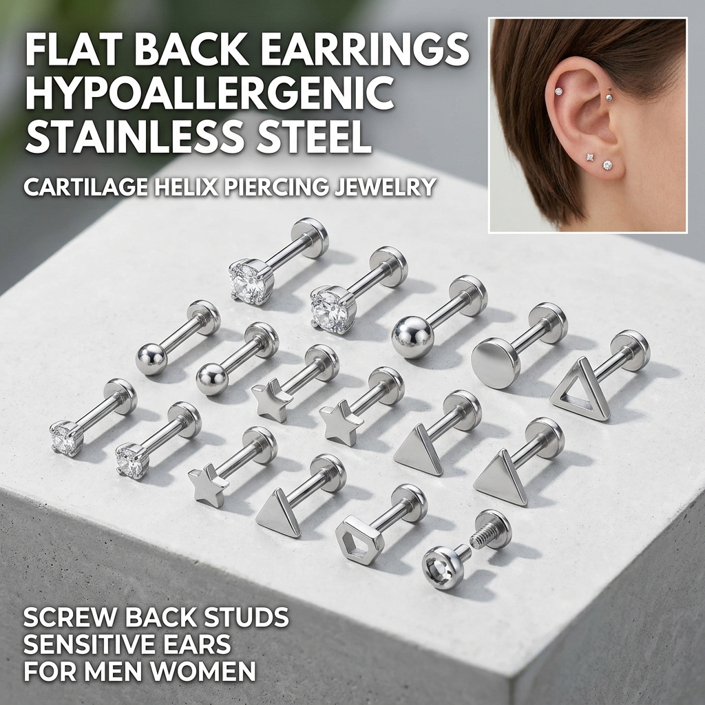 Flat Back Earrings Hypoallergenic Stainless Steel Cartilage Helix Piercing Jewelry Screw Back Studs Sensitive Ears for Men Women