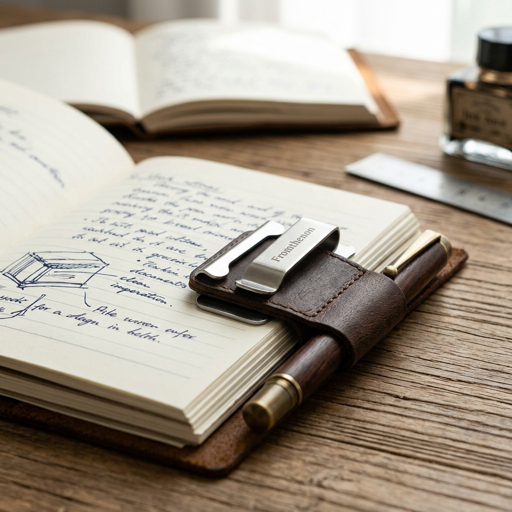 Fromthenon Pen Holder Retro Metal Leather Pen Clip Stainless Steel for Midori Travelers Notebook Diary Office Accessories