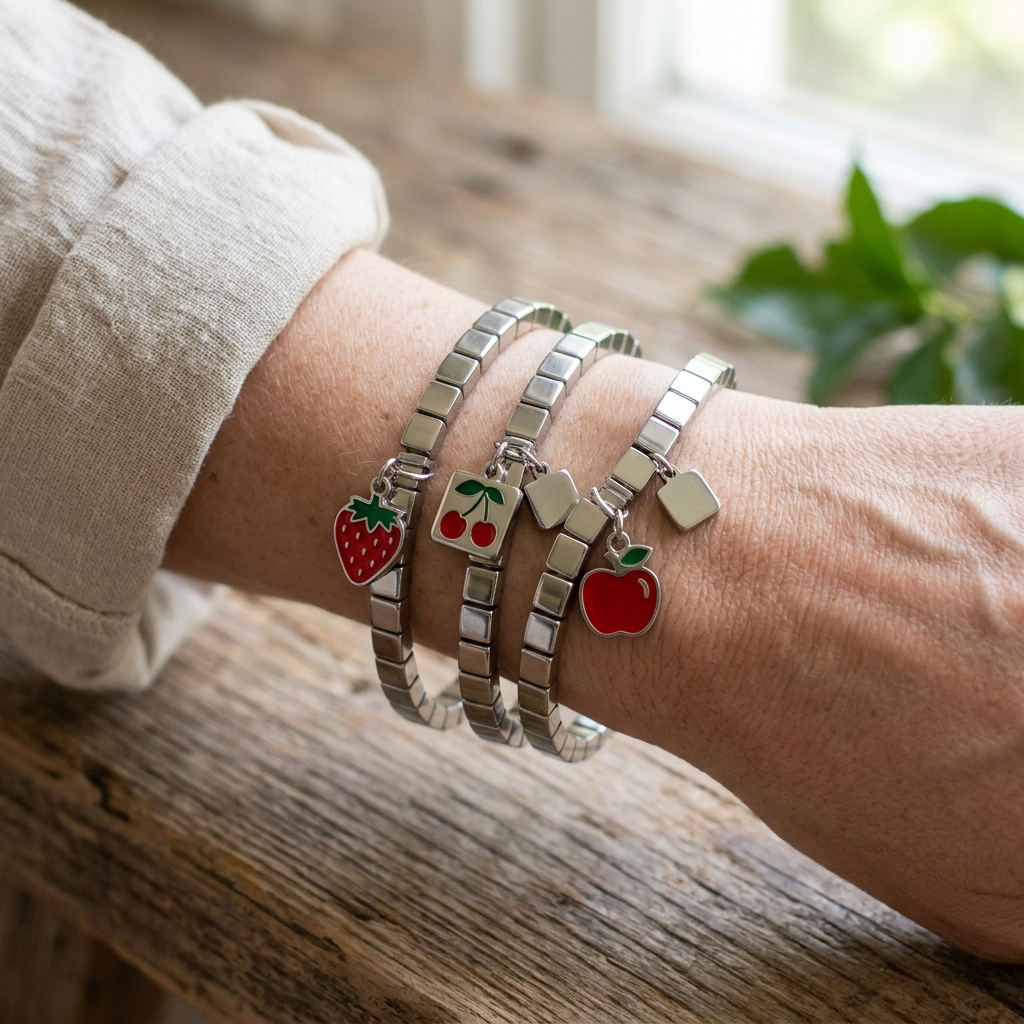 Geometric Square Stainless Steel Elastic Strap Bangle Bracelets for Women Strawberry Cherry Apple Pendant Bracelets Hand Jewelry