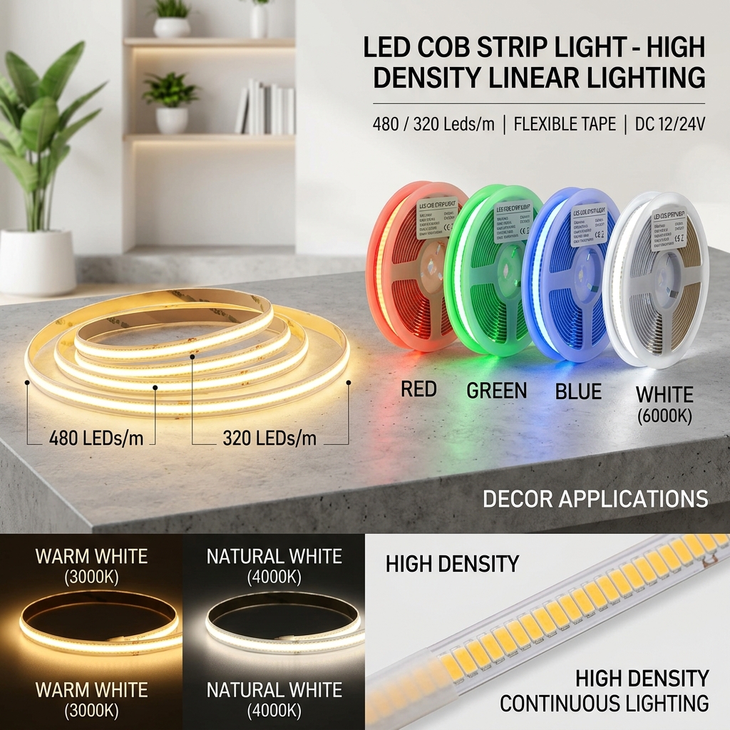 LED COB Strip Light High Density Linear Lighting 480320Ledsm Flexible Tape Warm Natural White Red Blue Green Decor DC12 24V