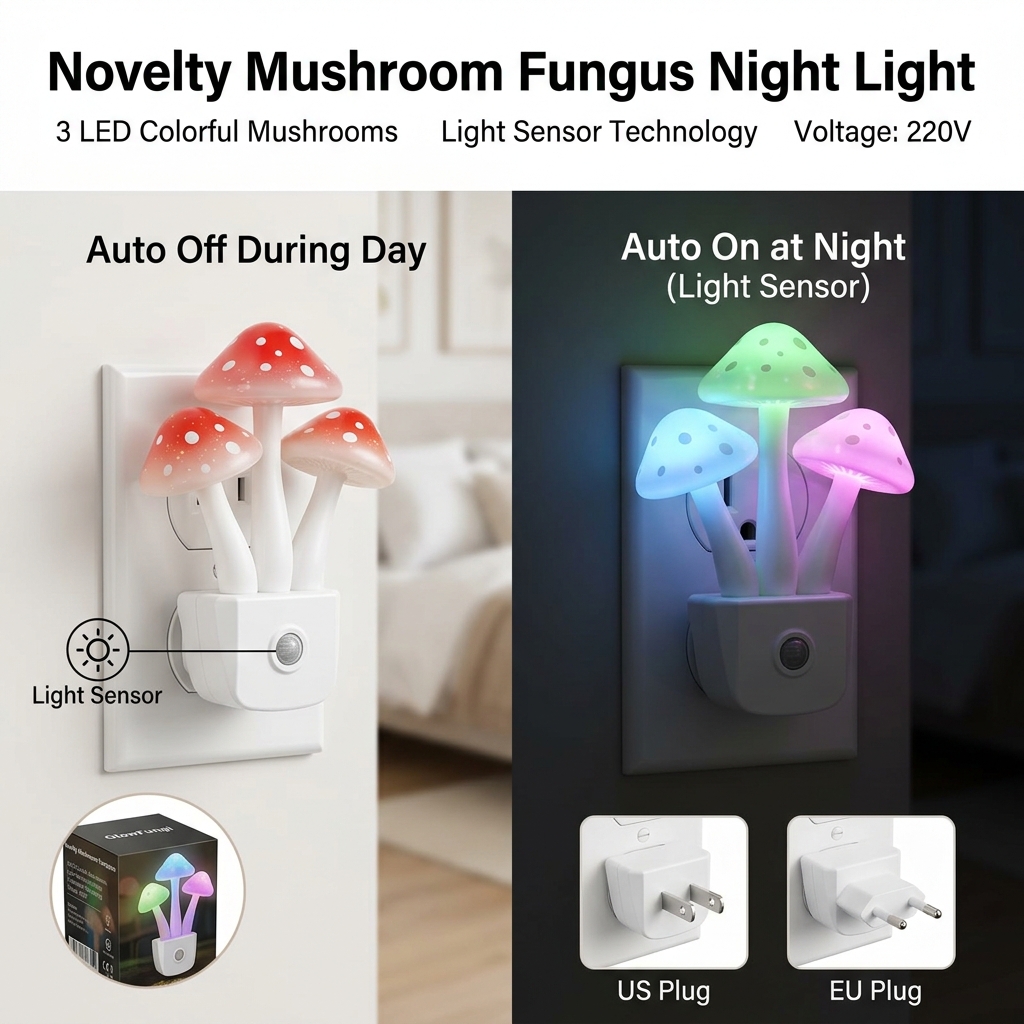 Novelty Mushroom Fungus Night Light EU & US Plug Light Sensor 220V 3 LED Colorful Mushroom Lamp Led Night Lights