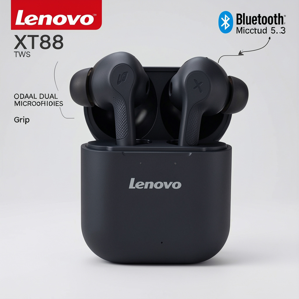 Original Lenovo XT88 TWS Wireless Earbuds – Bluetooth 5.3, Dual Mic, Hi-Fi Stereo Sound