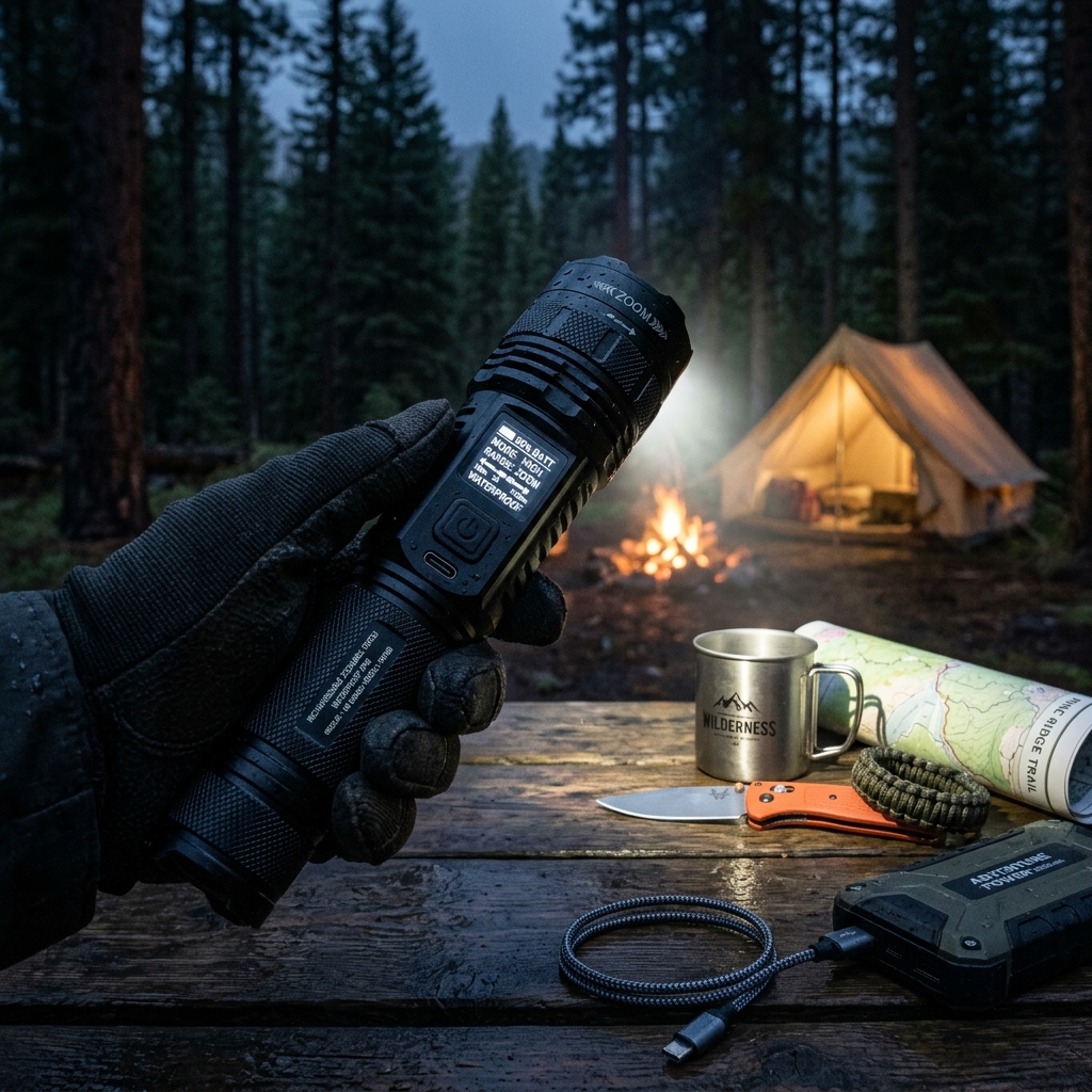 Rechargeable LED Flashlight Zoomable Torch with LCD Display 3 Modes Waterproof High Power Hand Light Outdoor Wilderness Camping