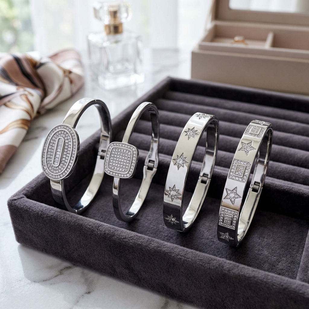 Stainless Steel Bangle Bracelet Inlay Luxury Rhinestones Gorgeous Synthetic Zirconia Geometric Oval Square Stars Shape for Women