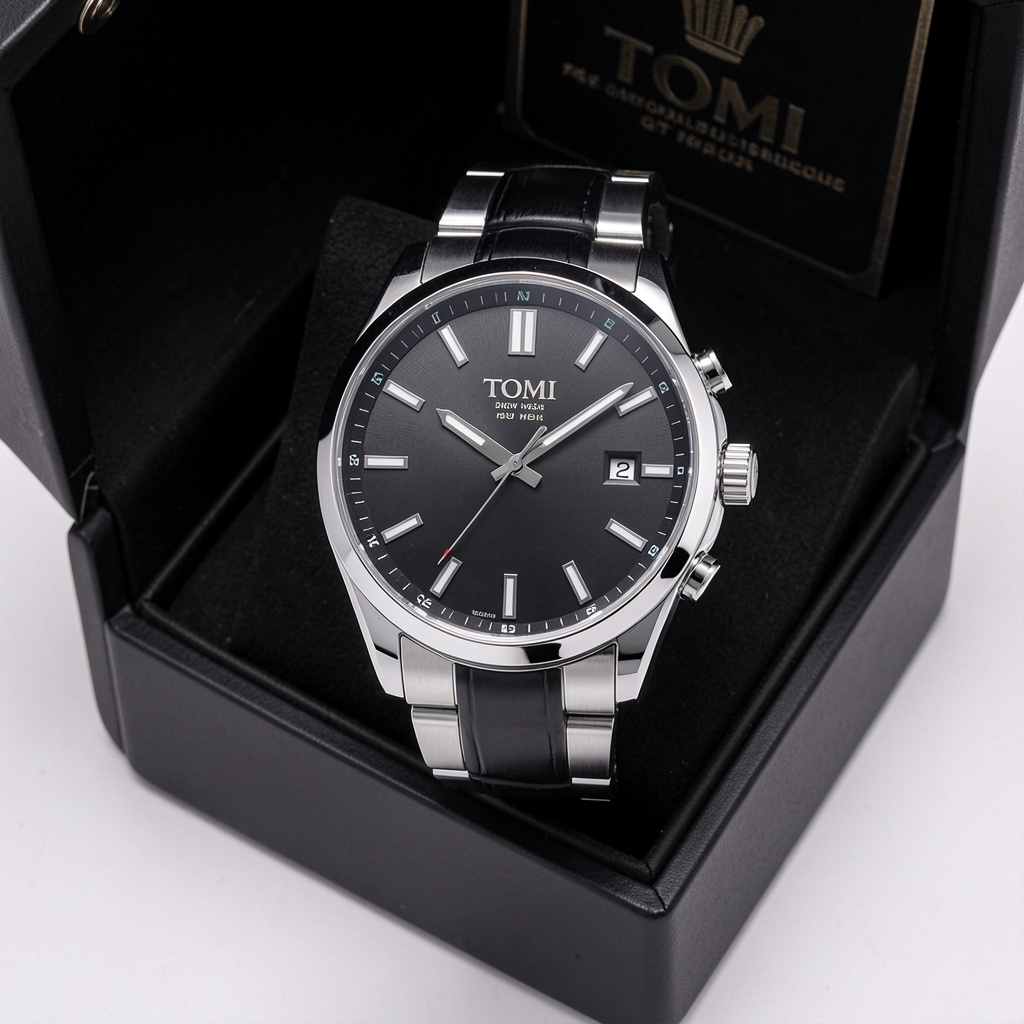 TOMI New Men's Watch Brooch Ring Gift Box Set Luxury Business Stainless Steel Strap Men's Calendar Casual Quartz Watch Reloj